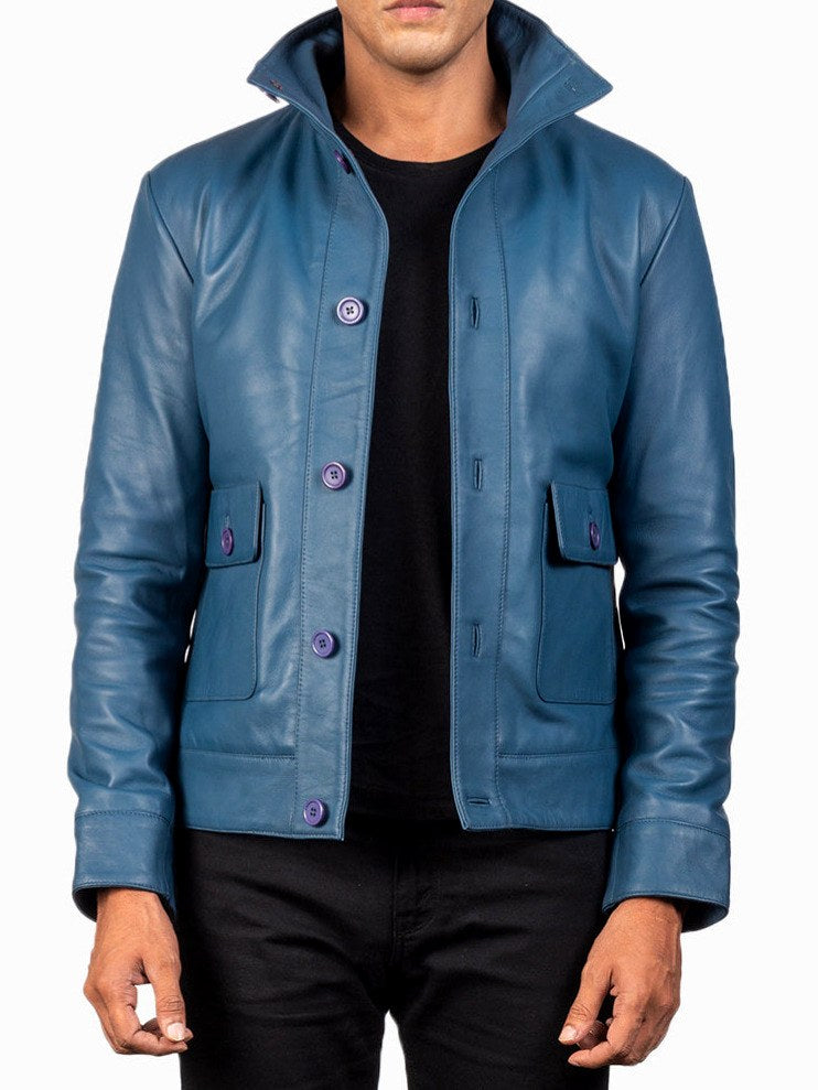 Stephen - Men's Button Front Leather Jacket with Stand Collar 4