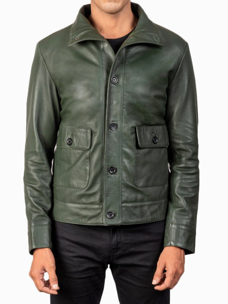 Stephen - Men's Button Front Leather Jacket with Stand Collar 5