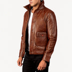 Stephen - Men's Button Front Leather Jacket with Stand Collar 7
