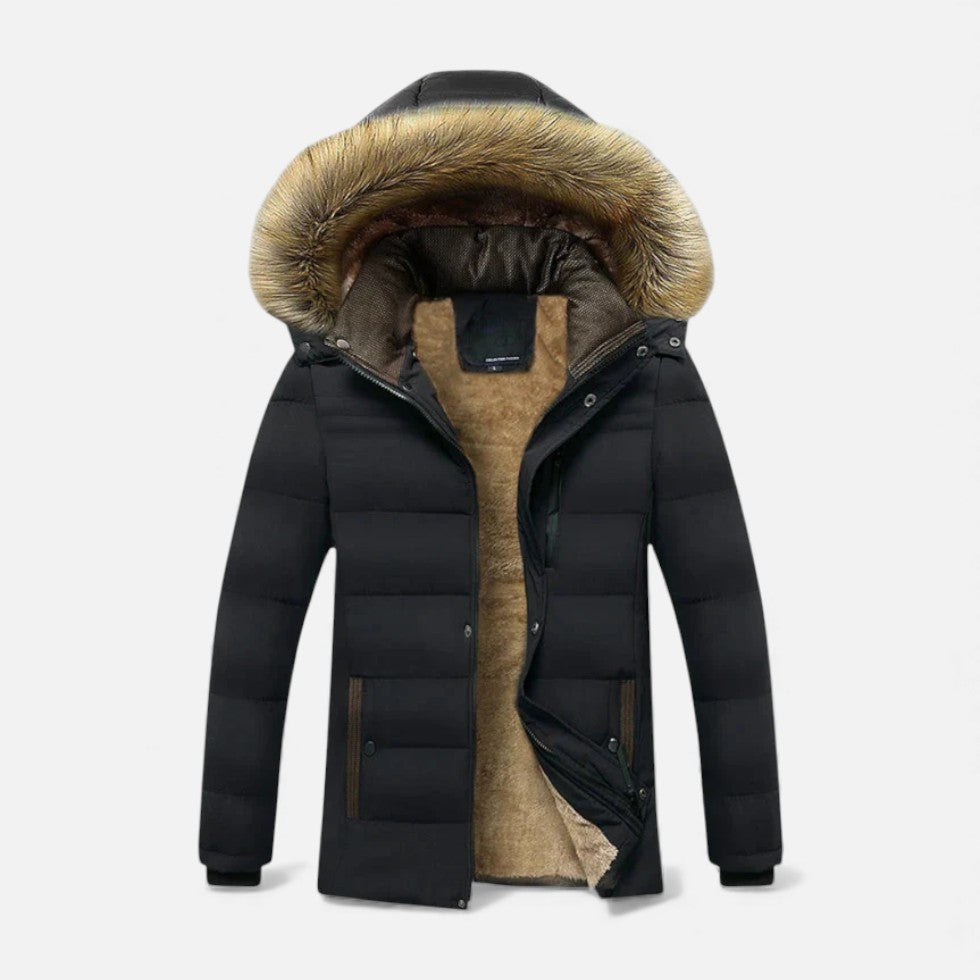 Steven - Men's Quilted Parka Jacket with Faux Fur Hood