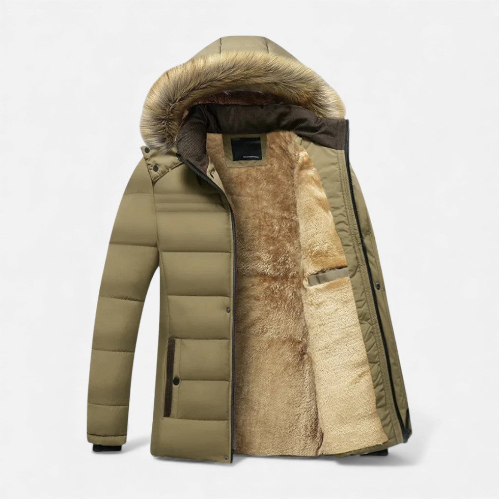 Steven - Men's Quilted Parka Jacket with Faux Fur Hood