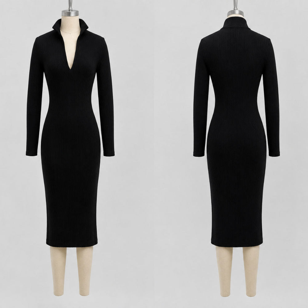 Tiffany - Women's Stand Collar V-Neck Knit Dress 10