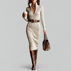 Tiffany - Women's Stand Collar V-Neck Knit Dress 6