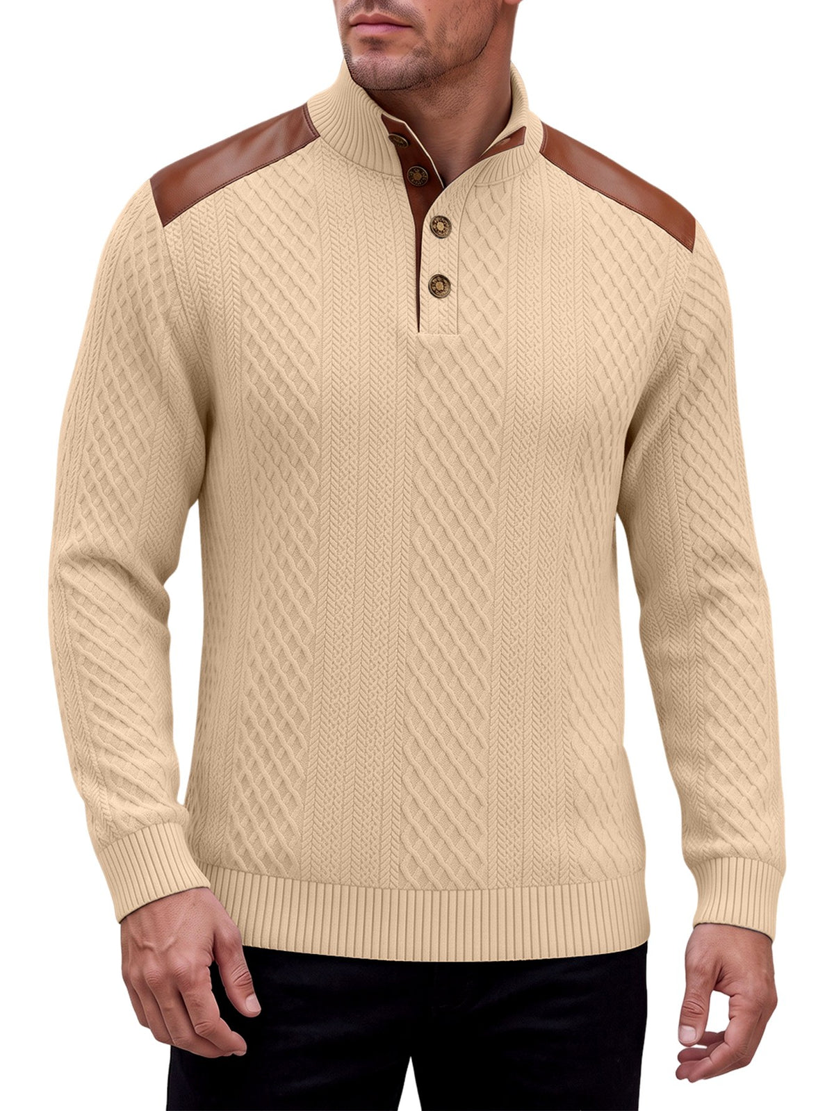 Troy - Men’s Stand Collar Henley Sweater with Ribbed Cuffs 5
