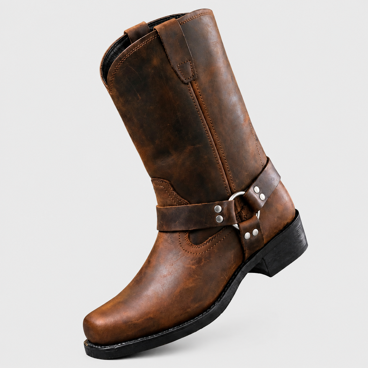 Tyler - Men's Genuine Leather Harness-Strap Mid-Calf Boots