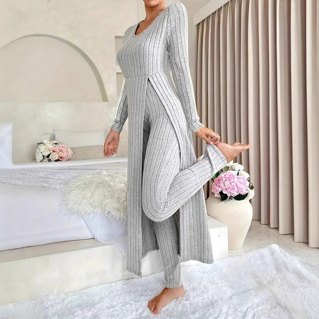Valentina - Women's Ribbed Knit Long Top & Pants Two-Piece Set 1
