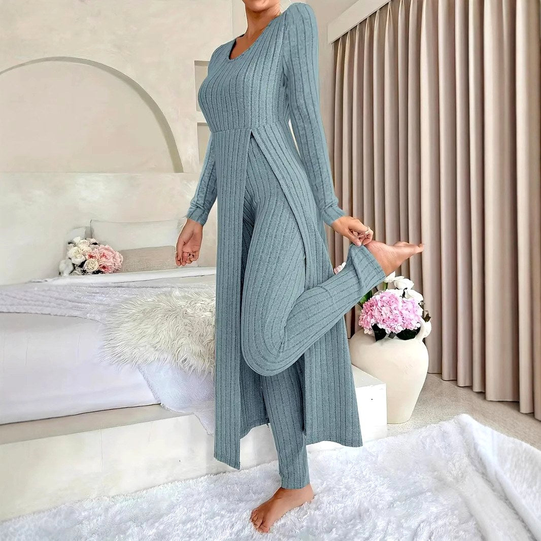 Valentina - Women's Ribbed Knit Long Top & Pants Two-Piece Set 3