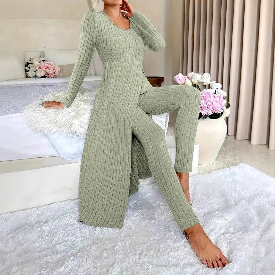 Valentina - Women's Ribbed Knit Long Top & Pants Two-Piece Set 4