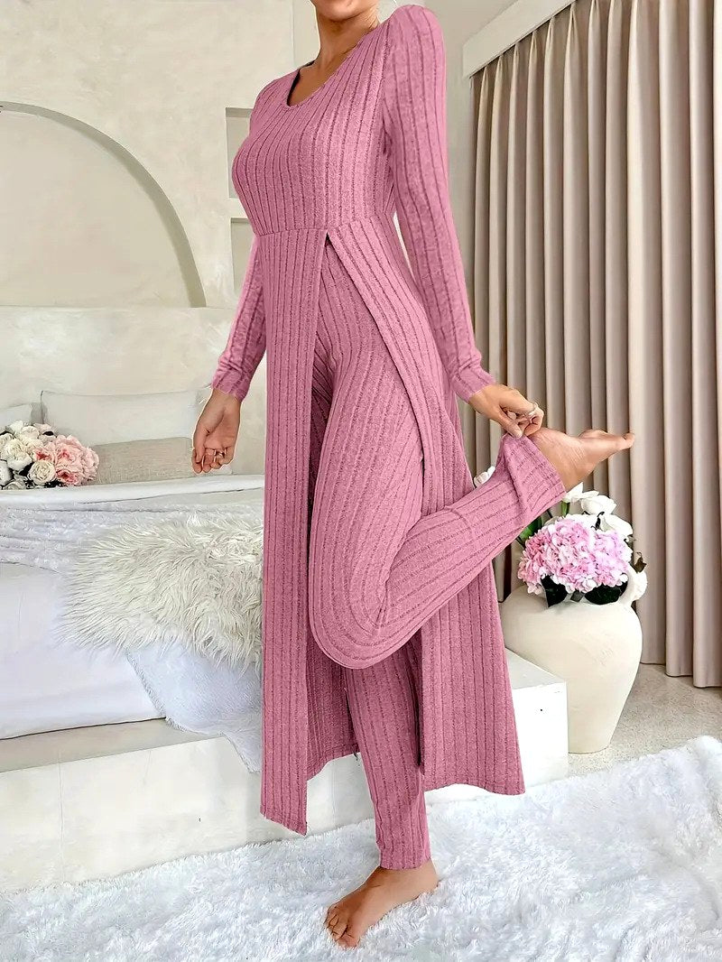 Valentina - Women's Ribbed Knit Long Top & Pants Two-Piece Set 5