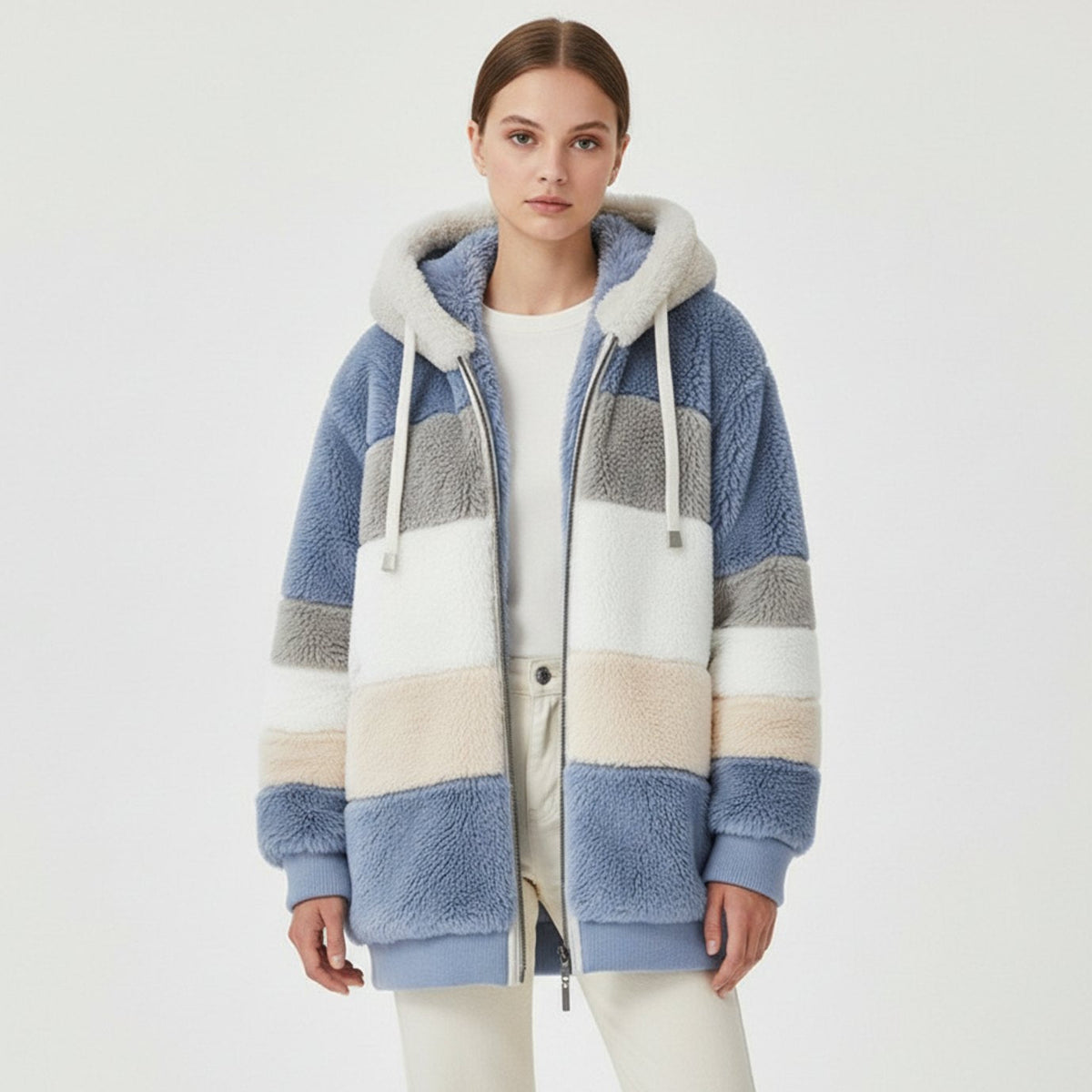Verity - Women's Striped Fleece Hooded Jacket with Drawstring