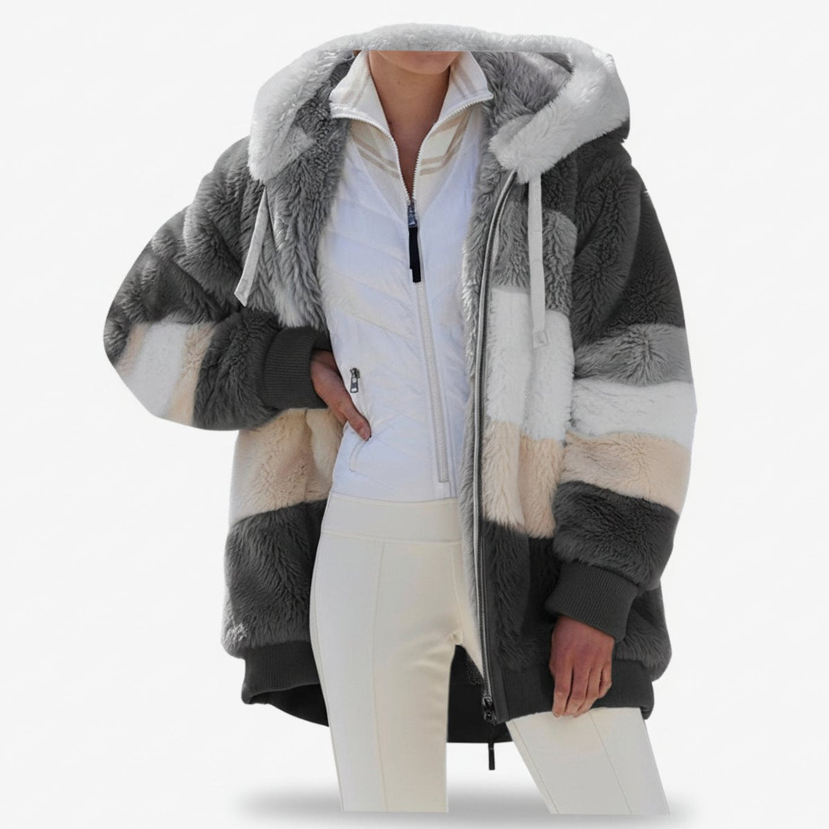 Verity - Women's Striped Fleece Hooded Jacket with Drawstring