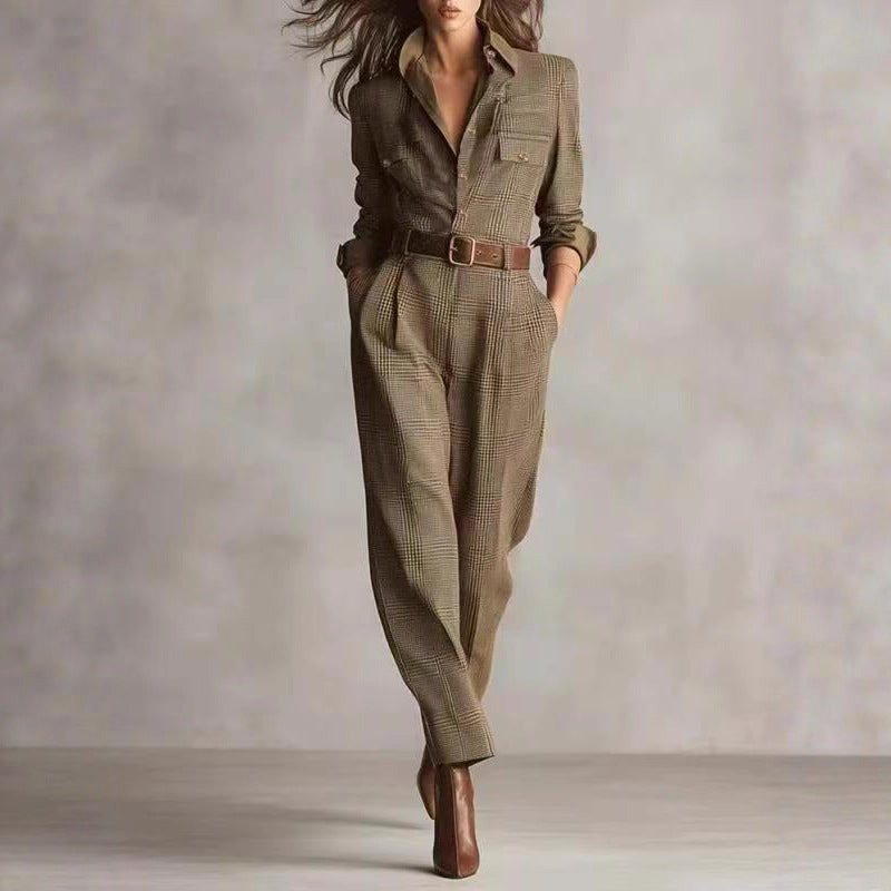 Victoria - Women's Long Sleeve Plaid Utility Jumpsuit 1