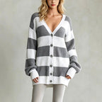 Wendy - Women's Striped V-Neck Oversized Knit Cardigan 2