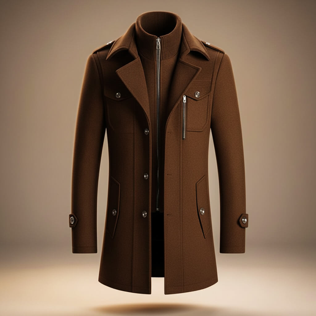 Zander - Men's Notch-Collar Wool Coat with Button Front