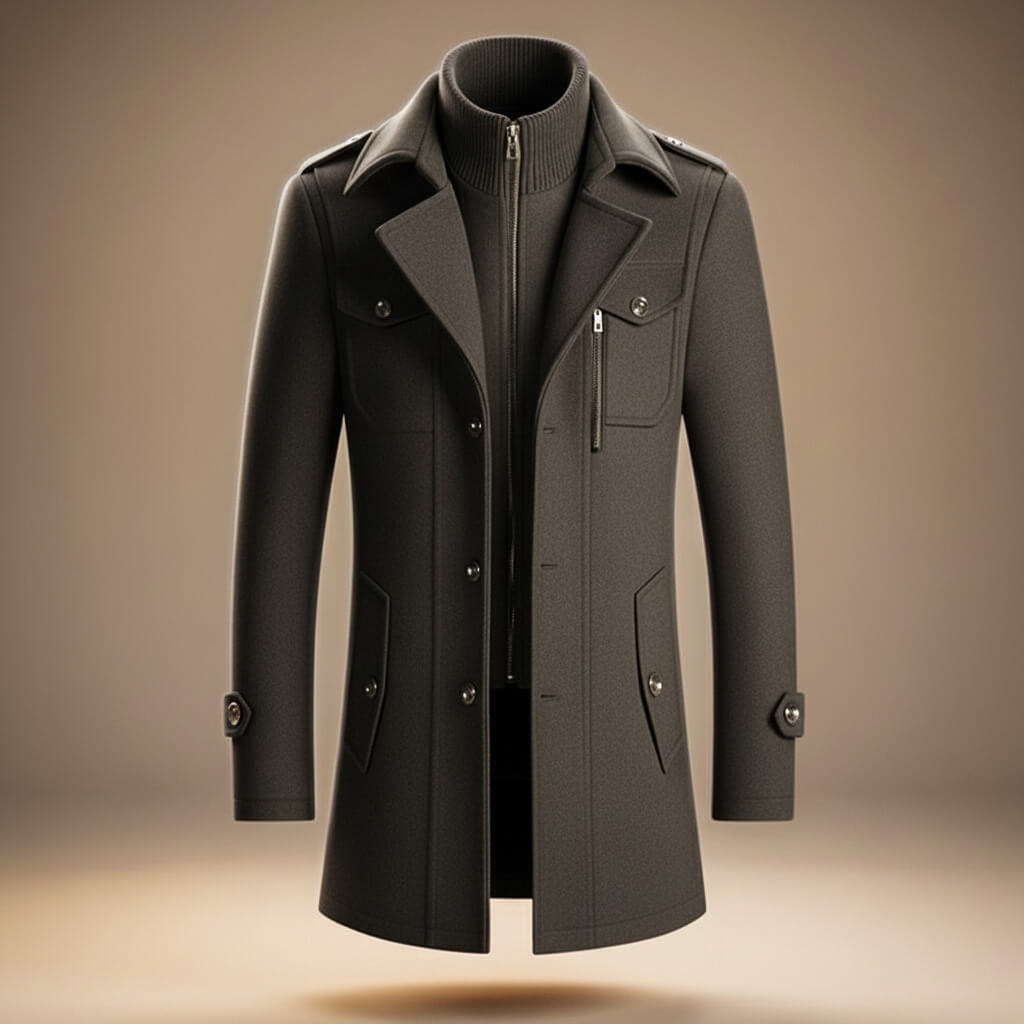 Zander - Men's Notch-Collar Wool Coat with Button Front